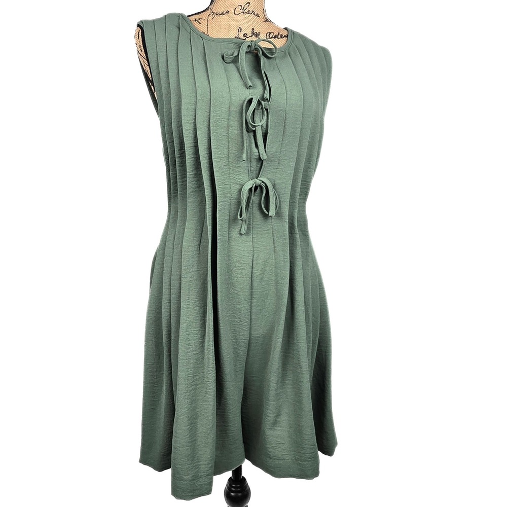 Oddi Los Angeles Sage Green Pleated Tie Front Sleeveless Romper‎ Dress  Large